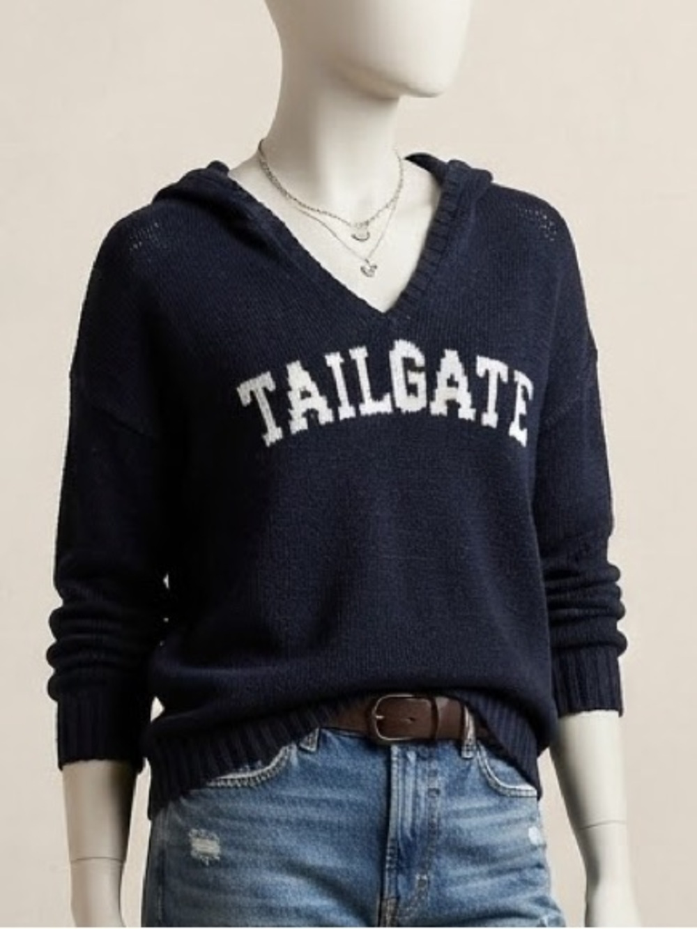 Marled Navy Knit Hoodie Sweater with White 'TAILGATE' Lettering